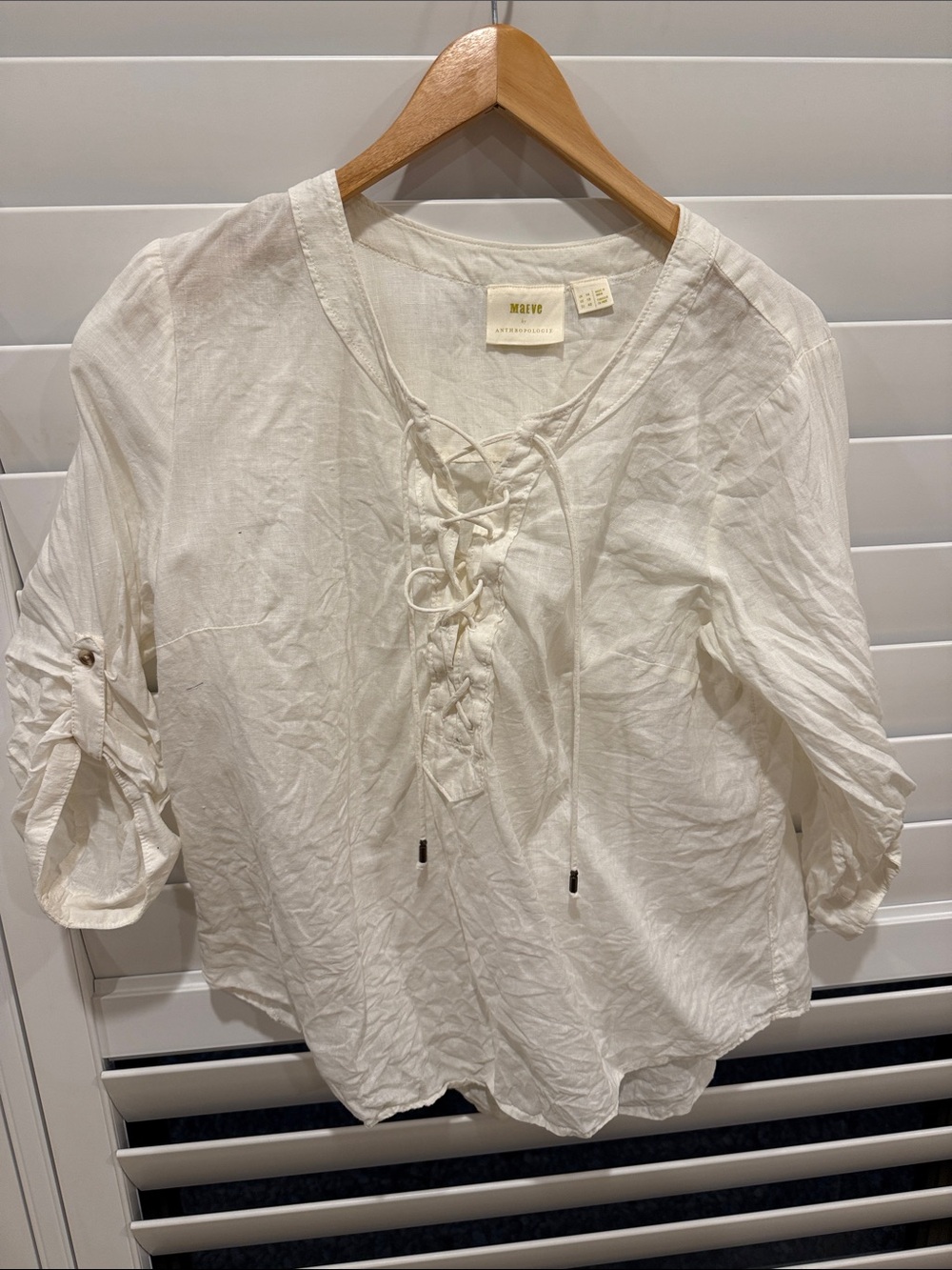 Anthropologie Off-White Lace-Up Peasant Top size 10